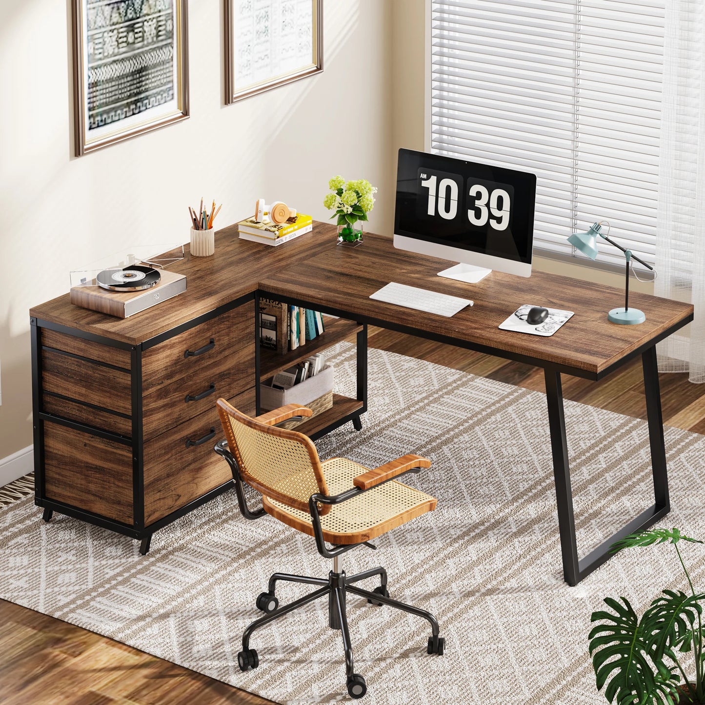 Ljustra L-Shaped Computer Desk with 3 Drawers Reversible Corner Desk