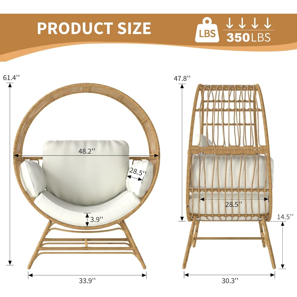 Egg Chair Oversized Rattan Wicker Indoor Outdoor Lounge 350LBS Capacity