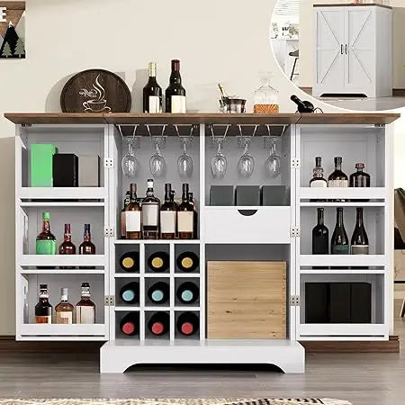 61 Inch Farmhouse Bar Cabinet with Wine Racks and Folding Storage