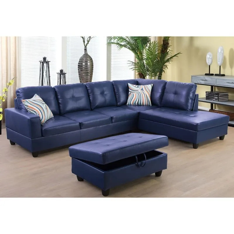 3PC Blue Leather Sofa Set w/ Storage Ottoman, Semi PU, Modern Living Room Couch Set
