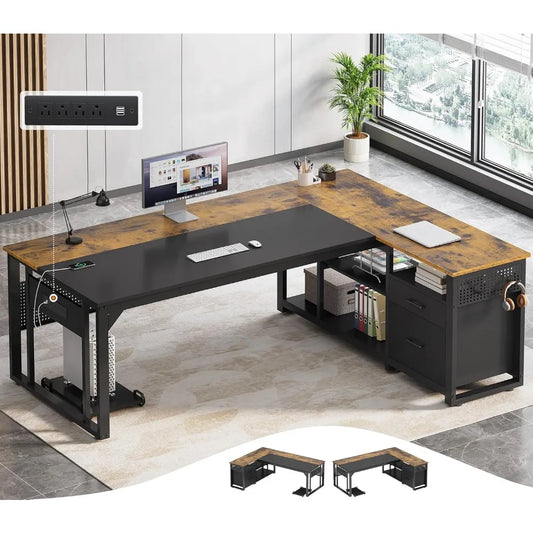 L Shaped Executive Desk with Power Outlets & Storage for Home Office