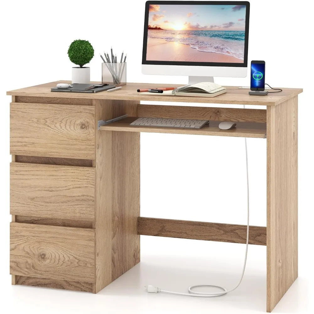 Ljustra Computer Desk with Charging Station 3 Storage Drawers Keyboard Tray