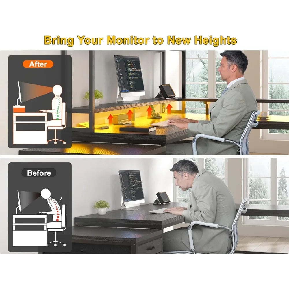 Large L Shaped Gaming Desk with Hutch Drawers Storage LED Light