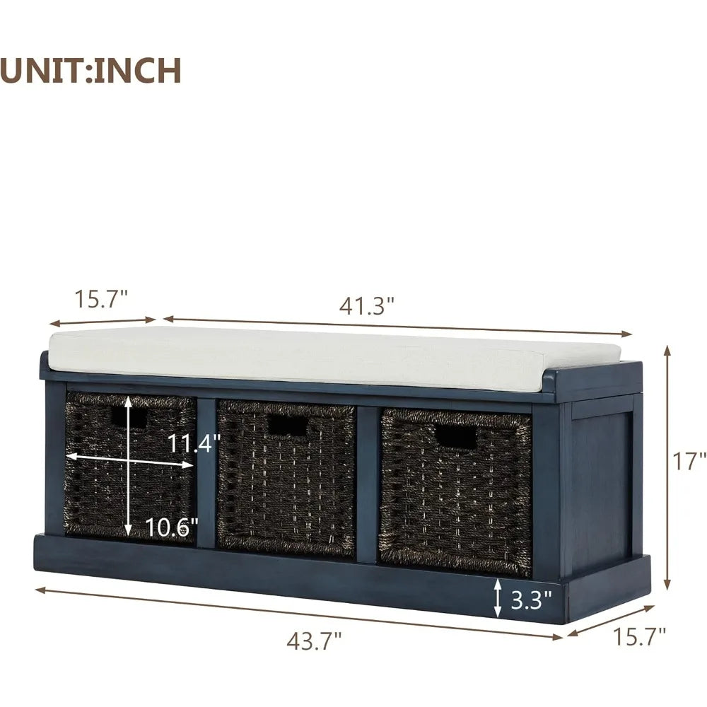 Rustic Storage Bench Entryway Bench with Rattan Baskets and Cushion