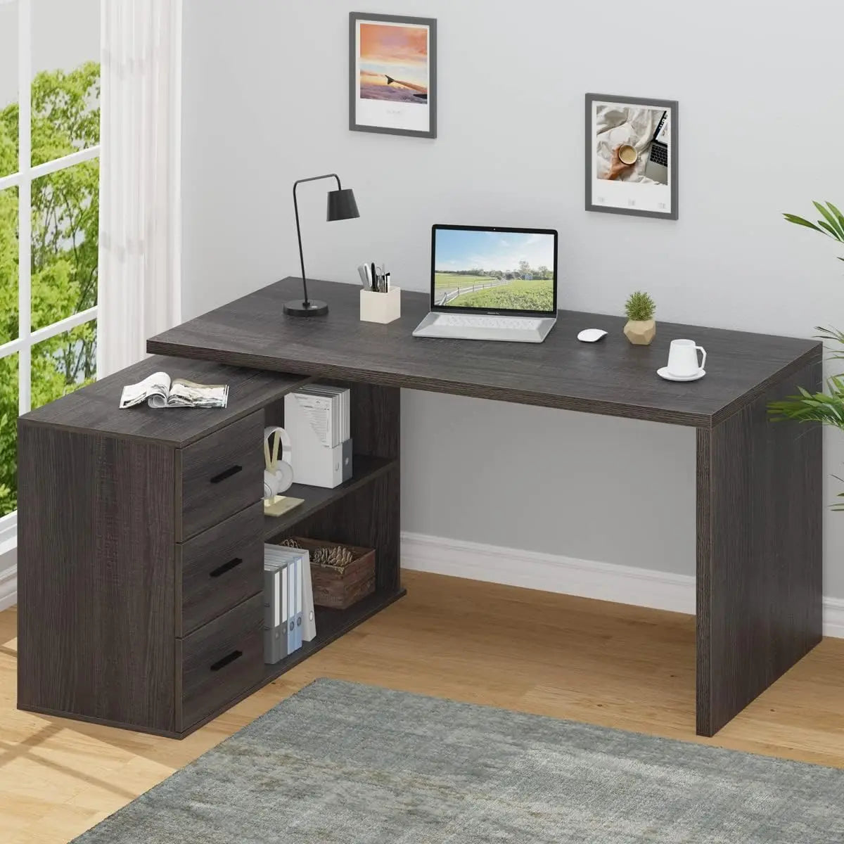 360 Degree Rotating L Shaped Computer Desk with Drawers and Shelves
