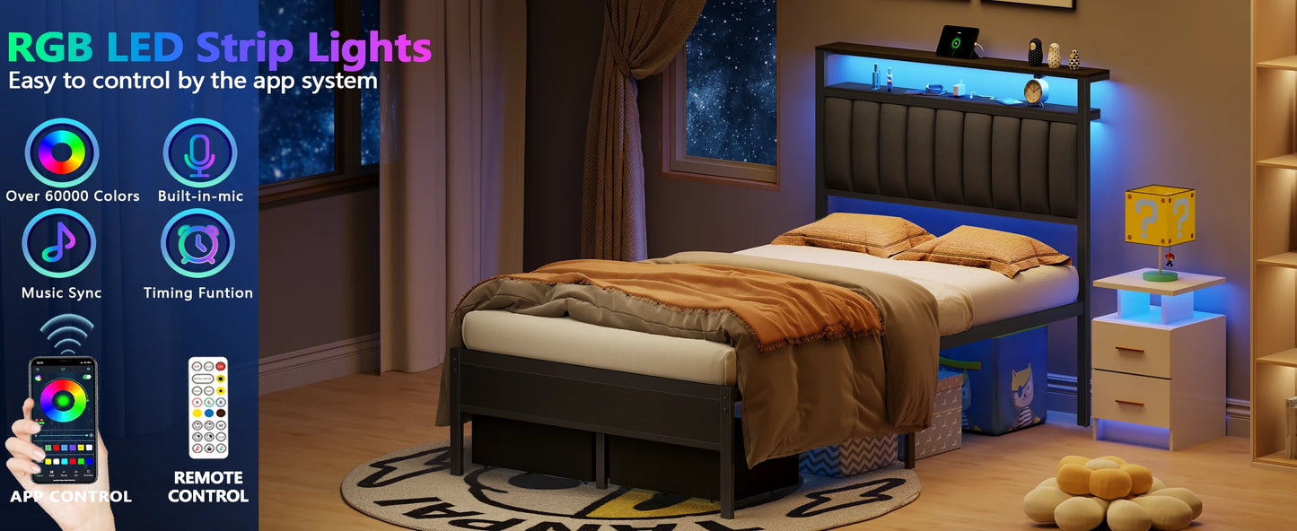 Ljustra Full Bed Frame with Charging Station LED Lights and Storage