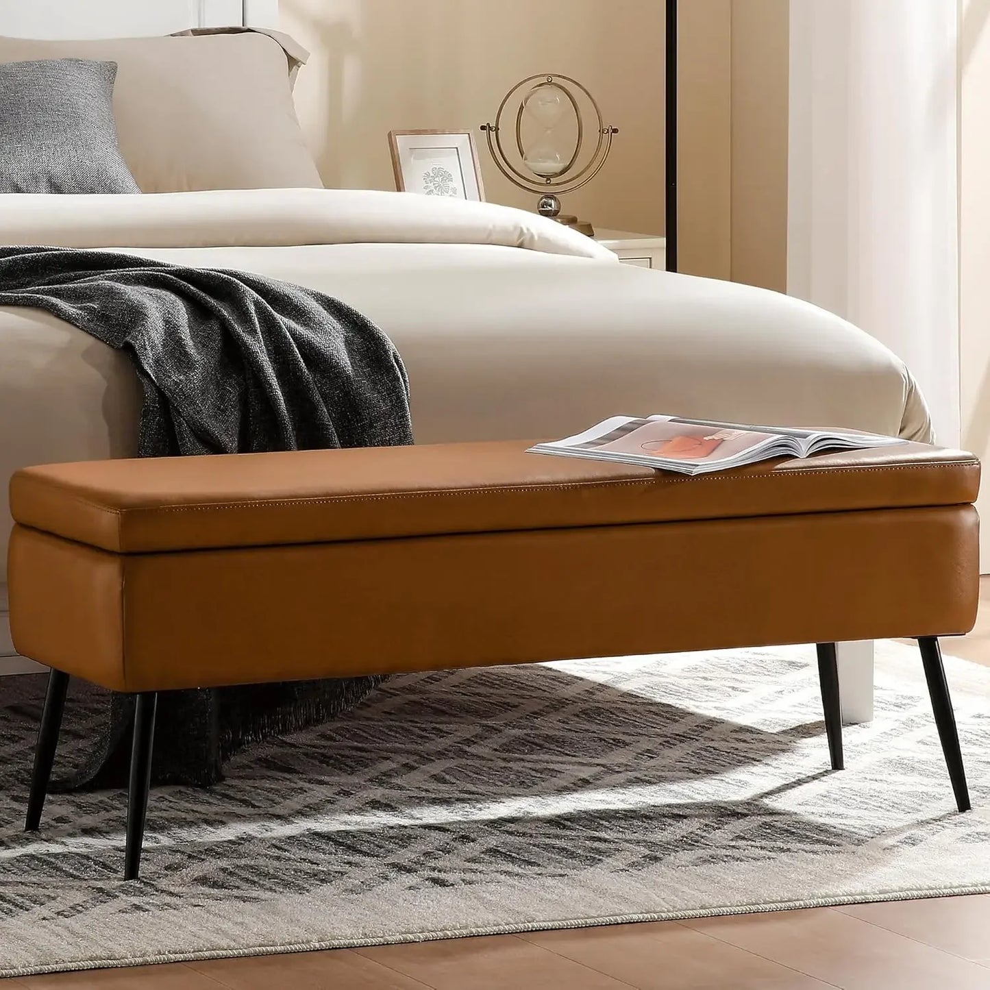 Leather Storage Ottoman Bench Mid-Century Modern Style Living Room Bedroom