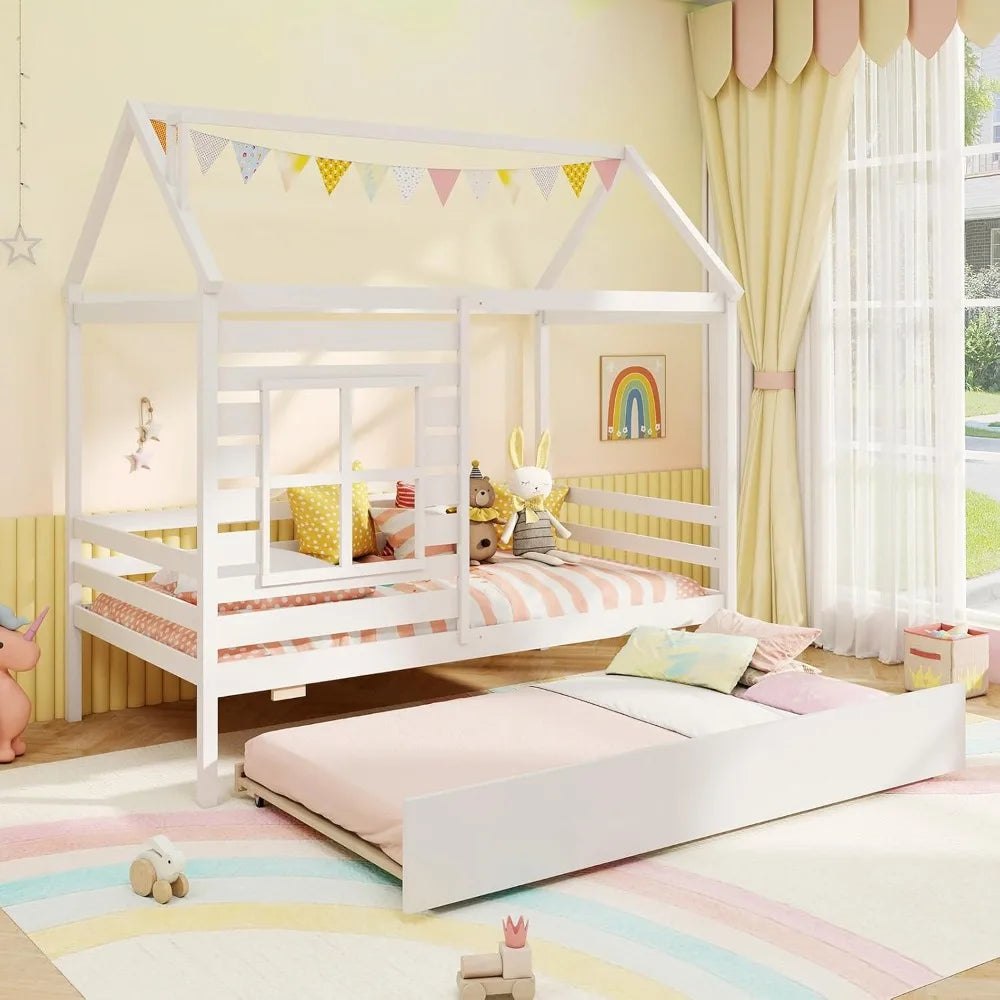 Twin Size Wooden House Bed with Trundle and Playhouse Features