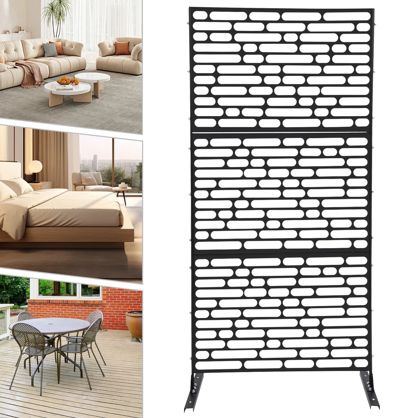 3-Panel Privacy Screen Freestanding Steel Fence Indoor Outdoor Decor