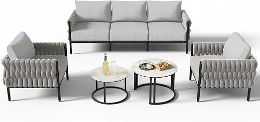 5-Piece Modern Metal Patio Furniture Set Deep-Seat Sofa with Cushions