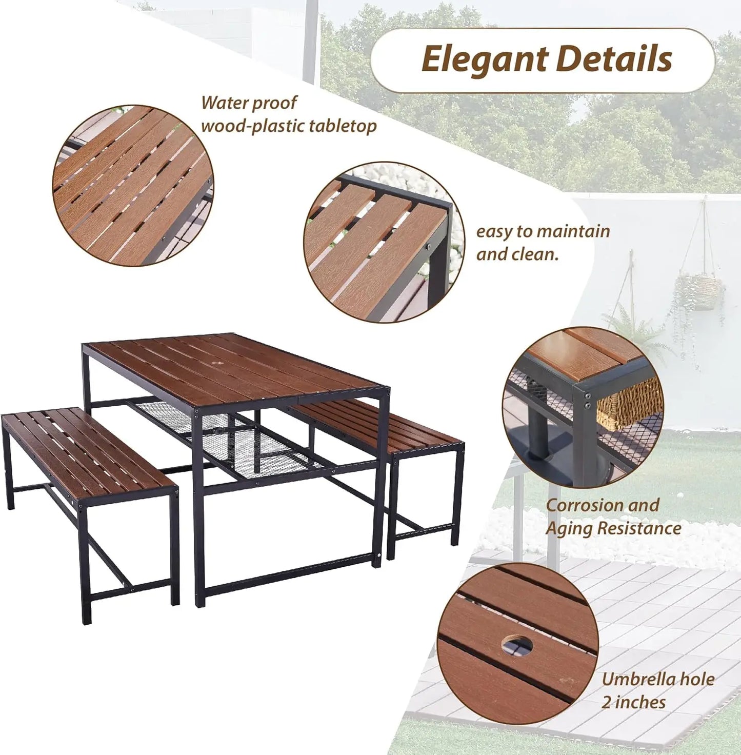 Outdoor Picnic Table Set with Umbrella Hole and Storage Shelf for 6