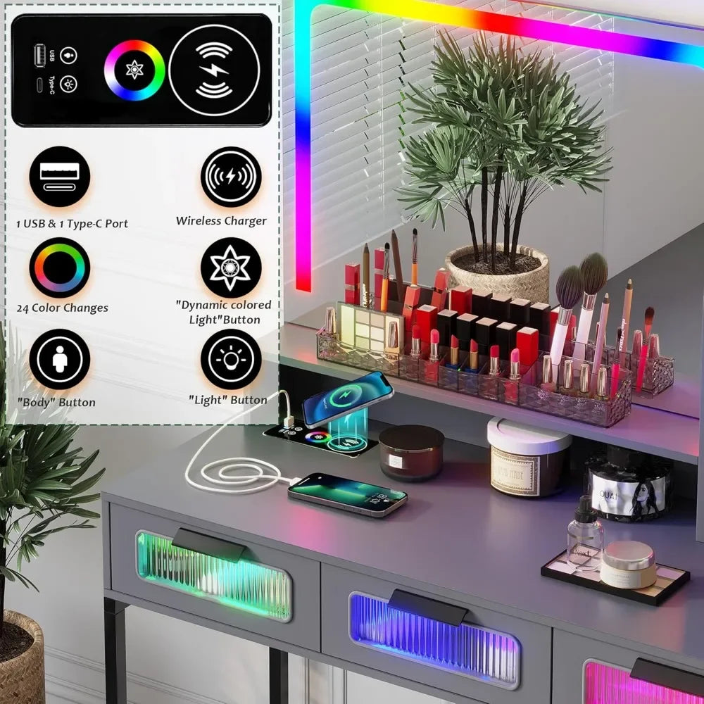 New Trend RGB Vanity Desk with Mirror LED Lights USB Wireless Charger
