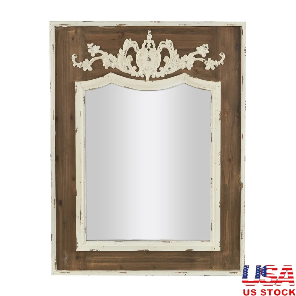 Brown Carved Floral Wall Mirror Rustic Home Decor Accent Piece 33x43
