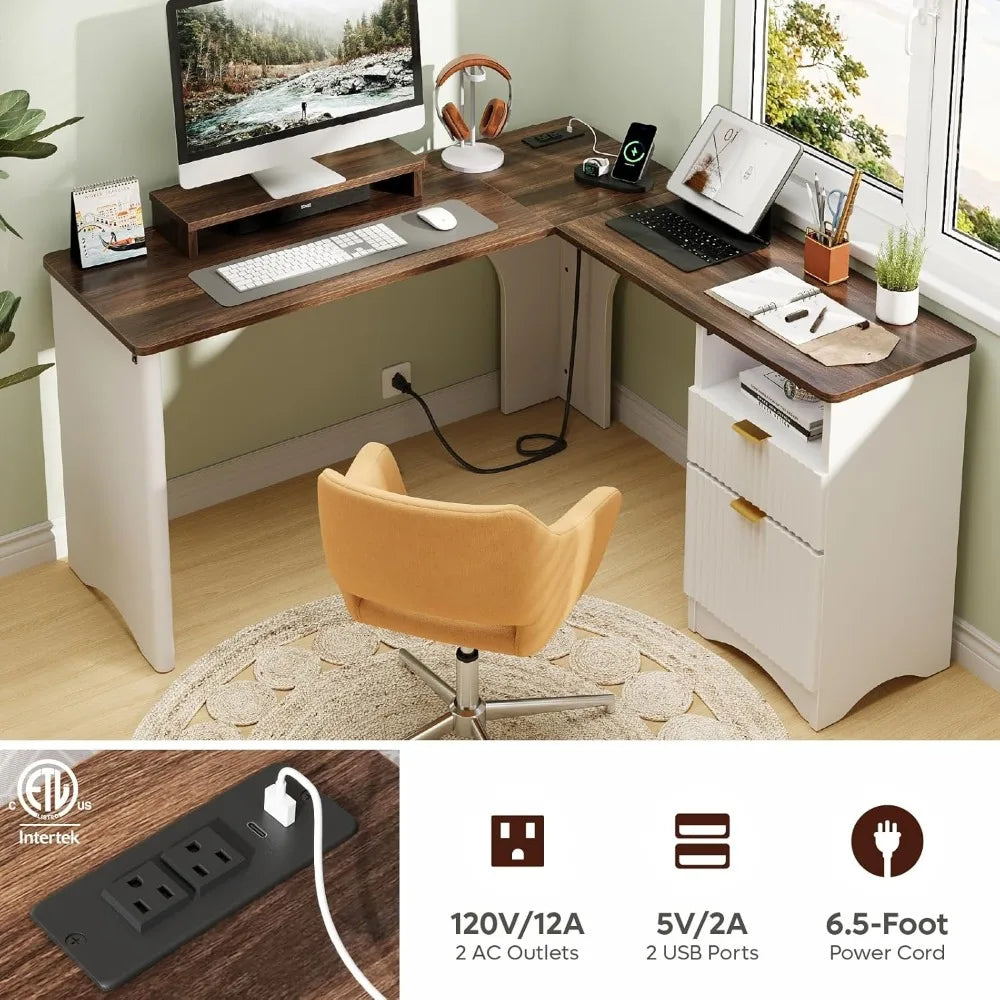 L Shaped Desk with Lift Top Modern Office Desk Fluted Panel Drawers