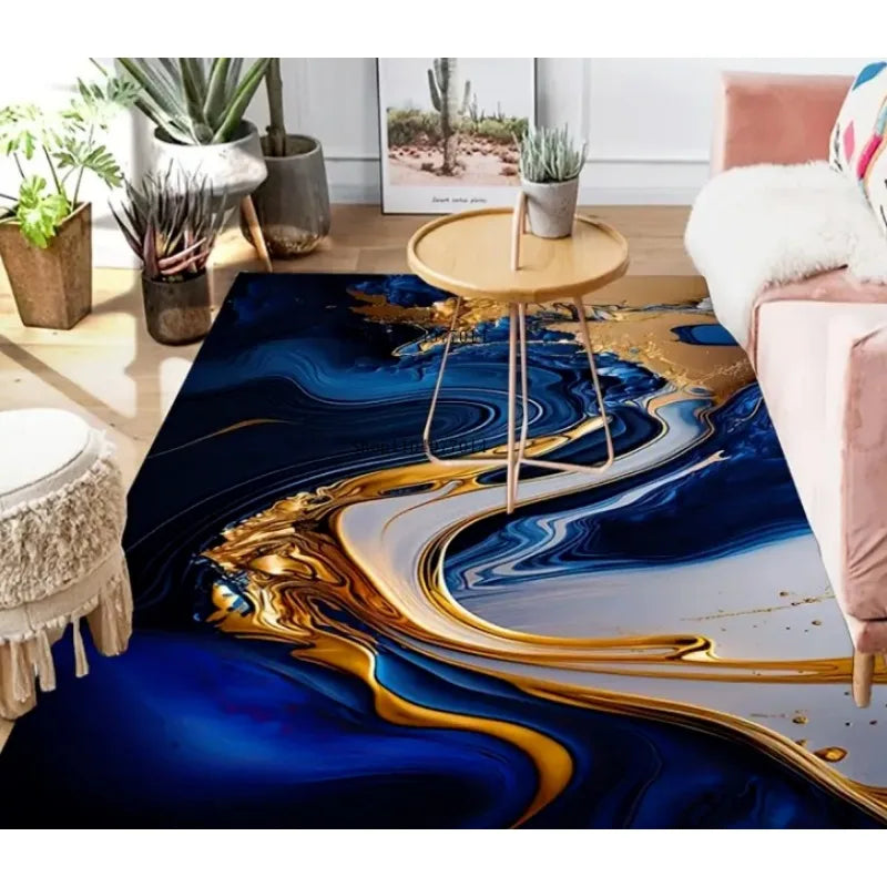 Blue Marble Pattern Non-Slip Area Rug for Living Room Bedroom Patio