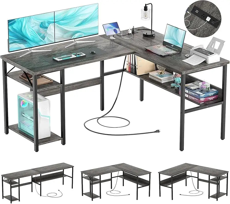 Reversible L Shaped Gaming Desk with USB Ports and Storage Shelf