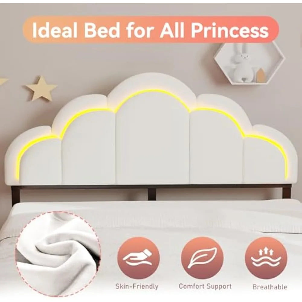 Full Upholstered LED Bed Frame with Storage Drawers and Wavy Headboard