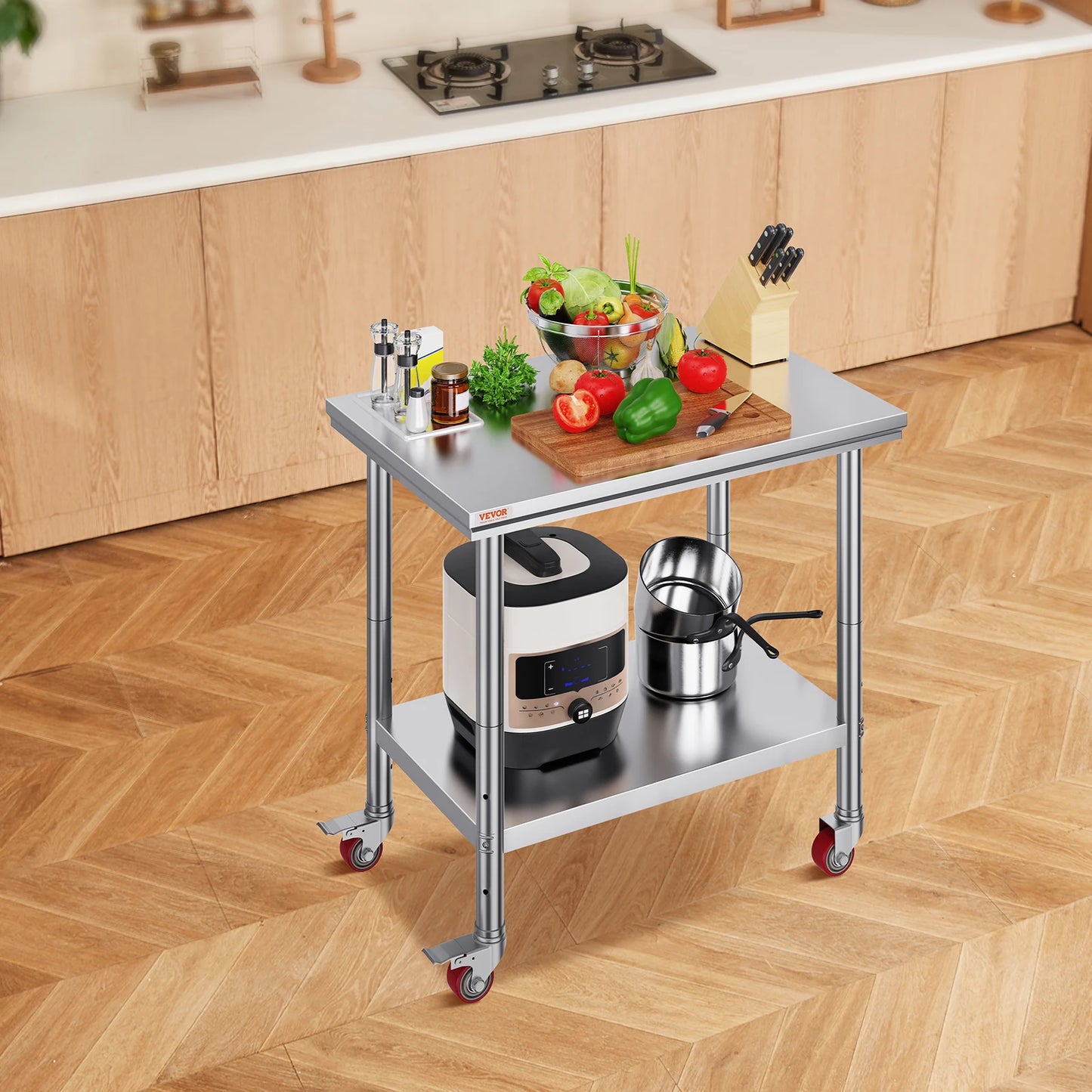 VEVOR Stainless Steel Kitchen Worktable with Caster Wheels for Storage