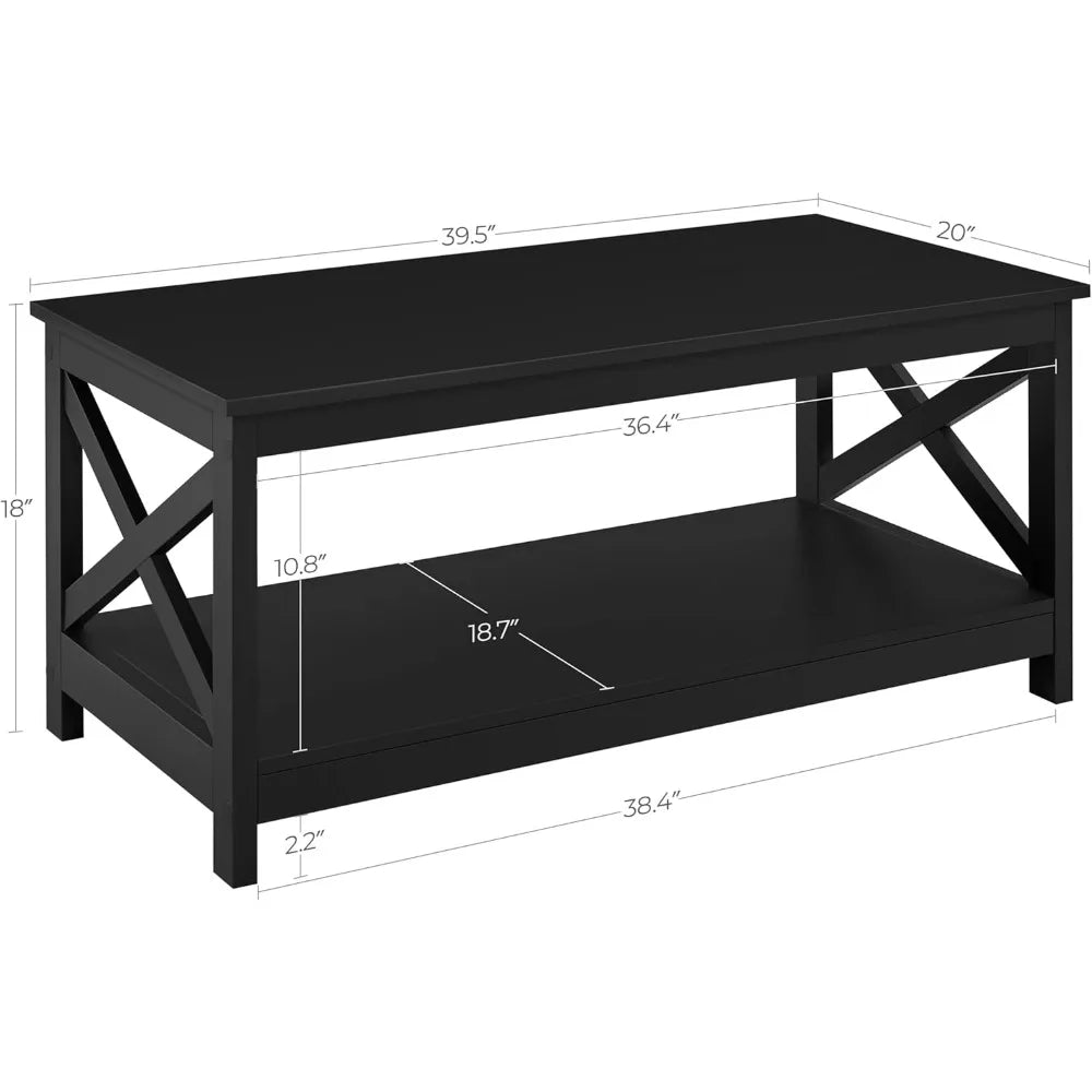 Wood 2-Tier Coffee Table with Storage Shelf Modern X Design Living Room