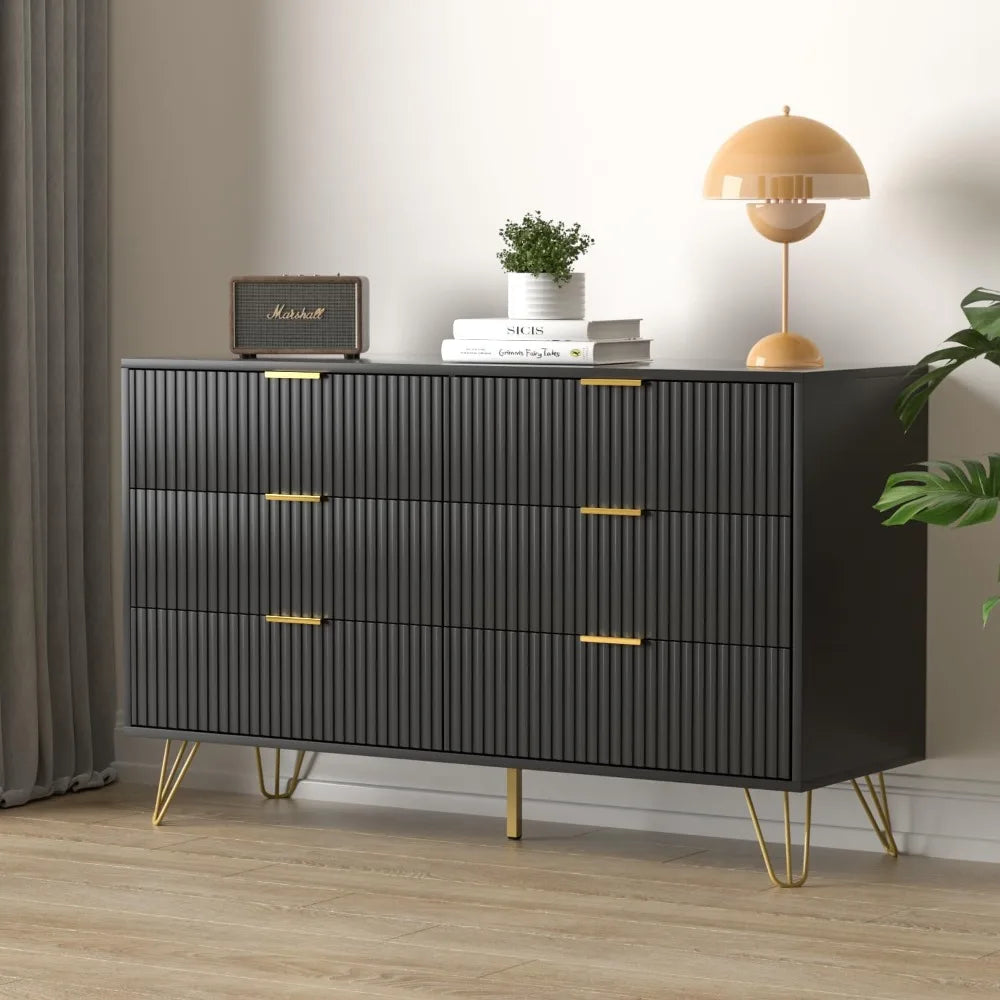 Modern 6 Drawer Dresser with Gold Handles for Bedroom and Living Room