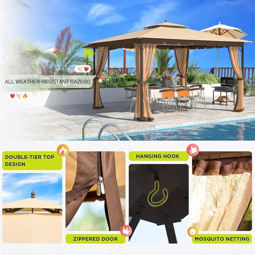 Gazebo with Mosquito Netting Dual Air Roof 10x12 Sturdy Metal Patio