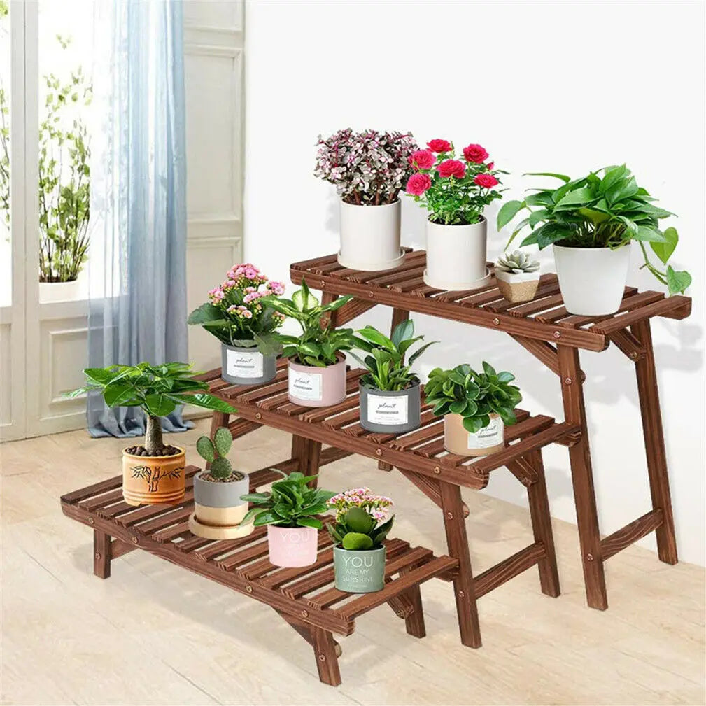 3 Tier Freestanding Ladder Shelf Wood Plant Stand Indoor Outdoor Rack