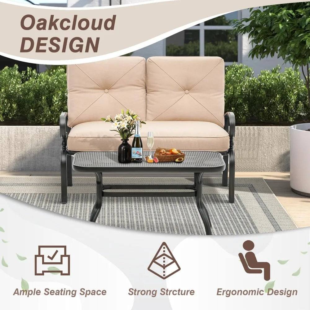 Outdoor Patio Loveseat Set with Thick Cushions and Coffee Table