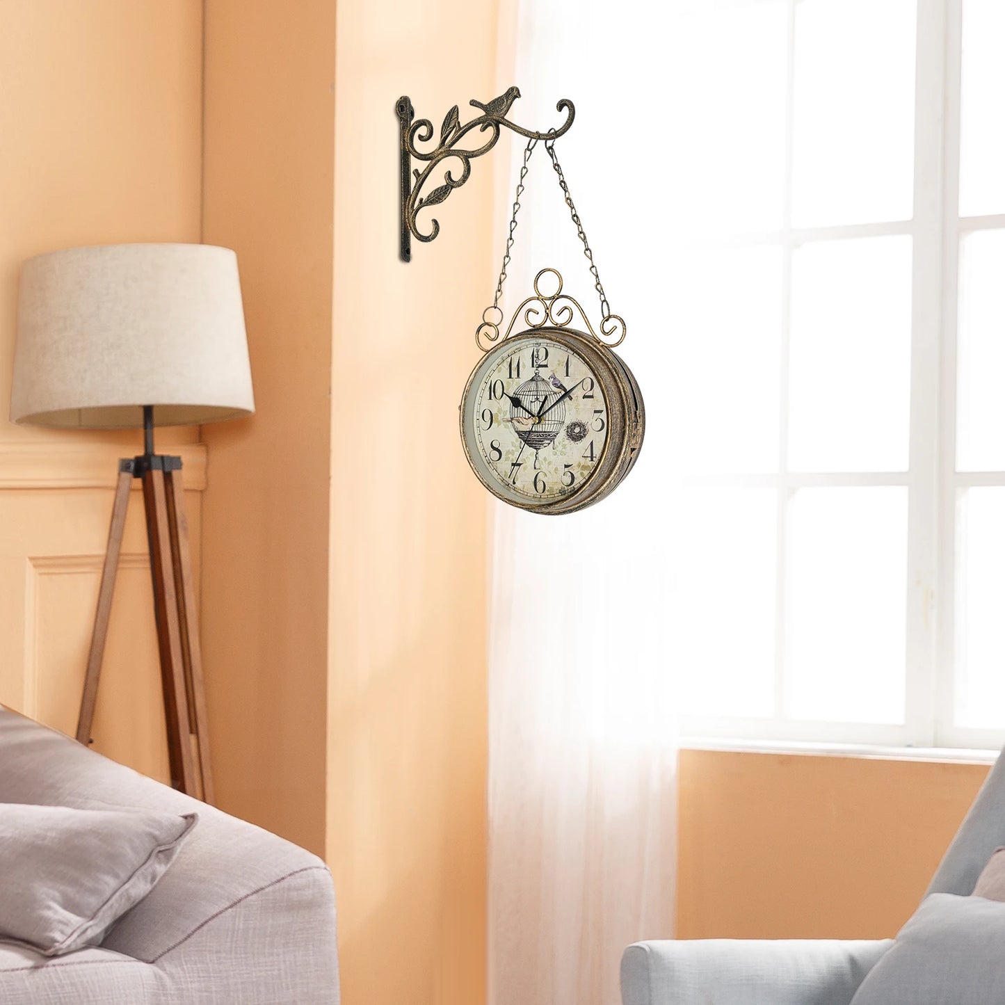 Double Sided Iron Wall Clock Vintage Round Design for Living Room Decor
