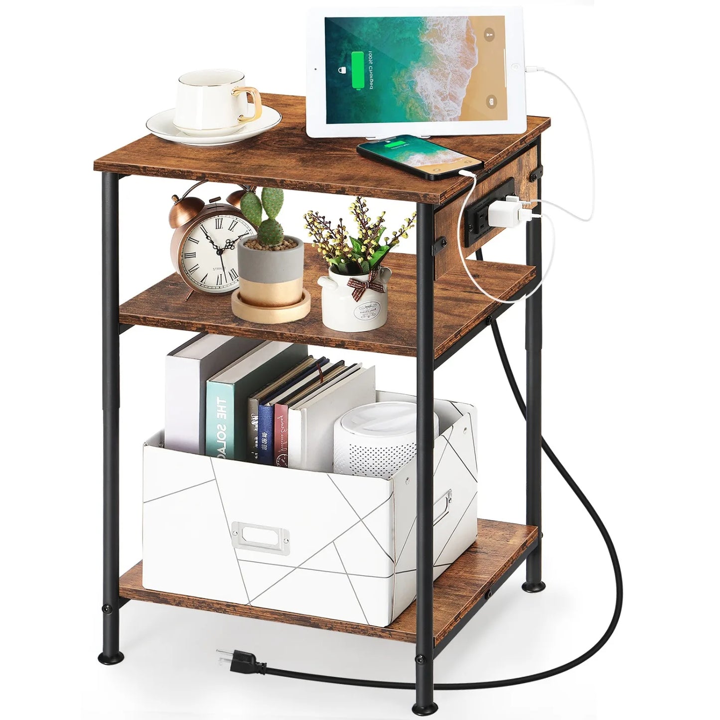 Space Saving Nightstand with USB Ports and Storage Drawer for Bedroom