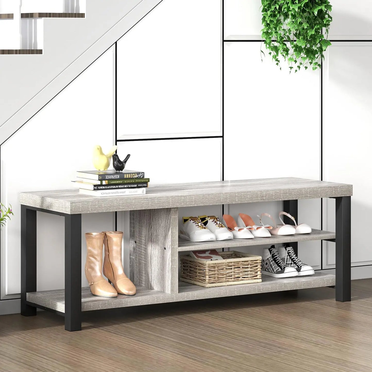Entryway Bench with Shoe Storage Rustic Wooden Hallway Furniture