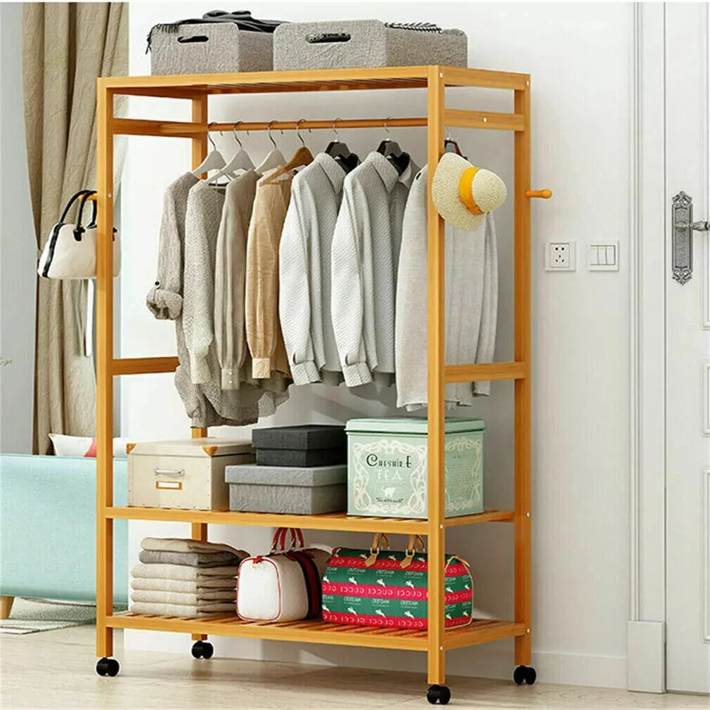Bamboo Garment Rack with Wheels Multifunctional Clothing Organizer