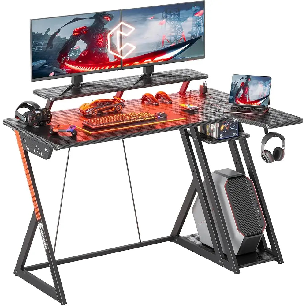 Aurora Gaming Desk L Shaped with LED Lights Power Outlets Storage Shelves