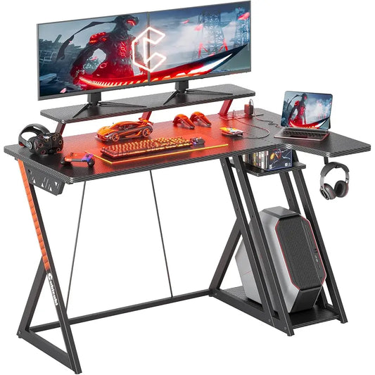 Aurora Gaming Desk L Shaped with LED Lights Power Outlets Storage Shelves