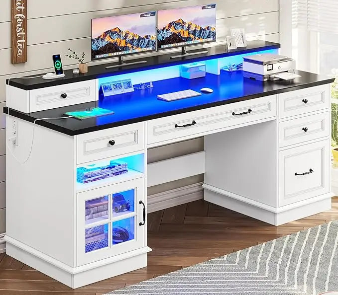 Ljustra Farmhouse Executive Desk with Charging Station and LED Lights