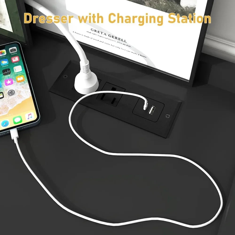 9 Drawer Dresser with Charging Station LED Lights Organizer Cabinet