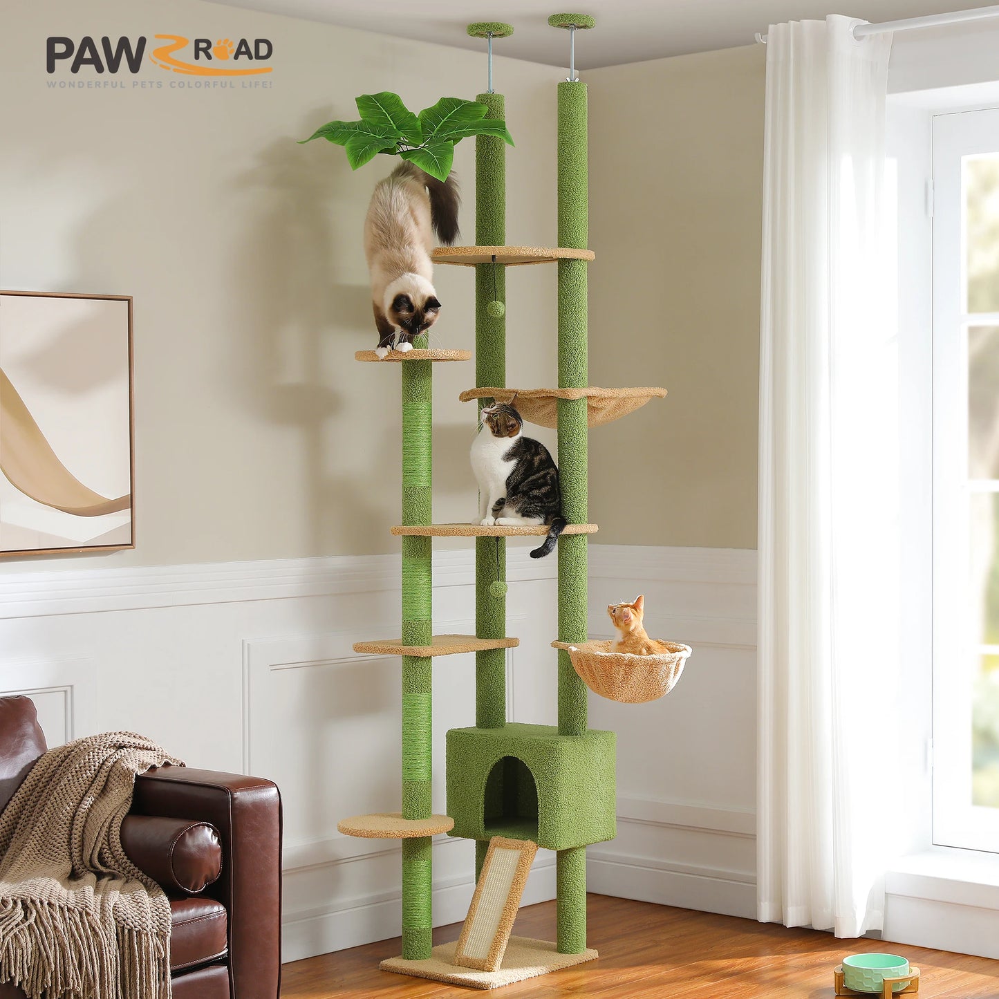 Floor to Ceiling Cat Tree Adjustable Height Wooden Tower with Scratching Posts