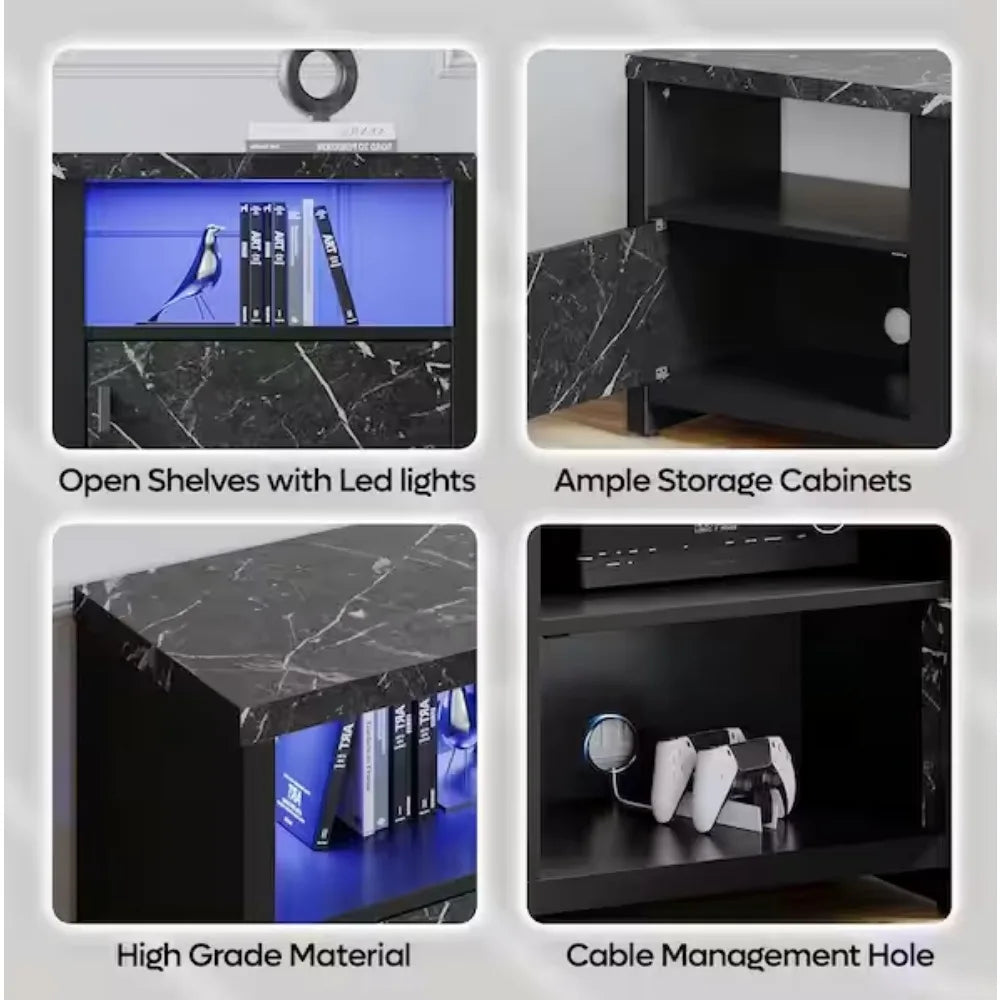 70 Inch Black Marble LED TV Stand with Fireplace for TVs Up to 75 Inches