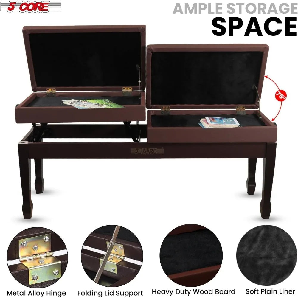 Duet Piano Bench Storage Height Adjustable Wooden Keyboard Stool