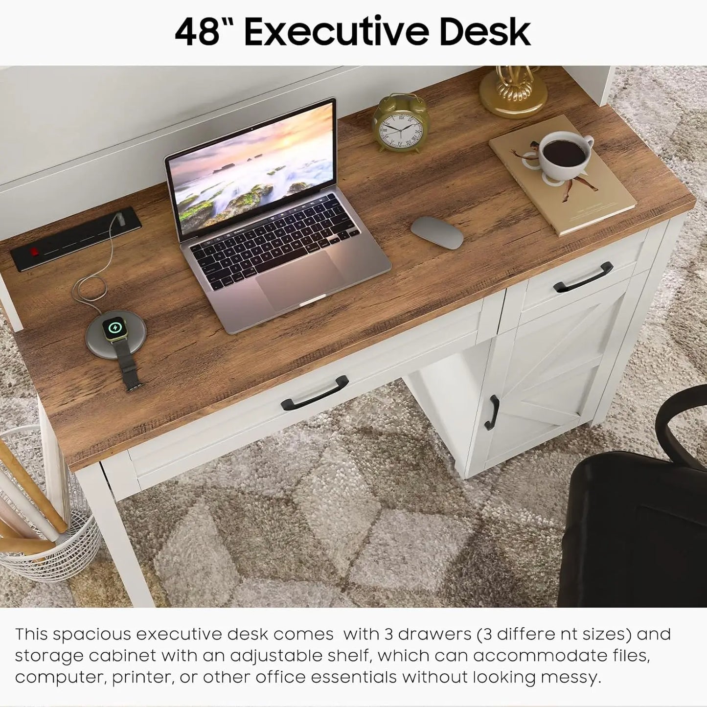 Ljustra Executive Desk with Storage Cabinet and Power Outlet 67.9 Inch