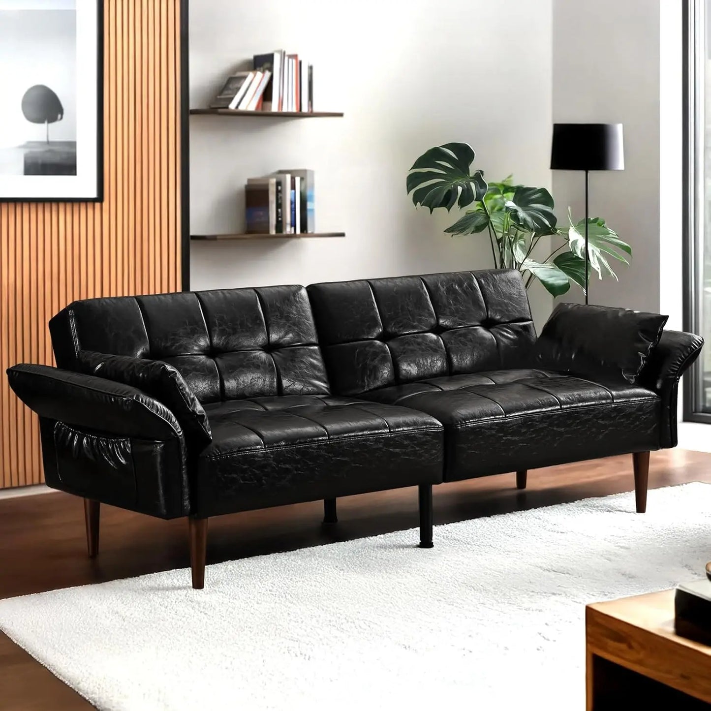 85 Inch Mid Century Modern Faux Leather Futon Sofa Bed Couch Storage