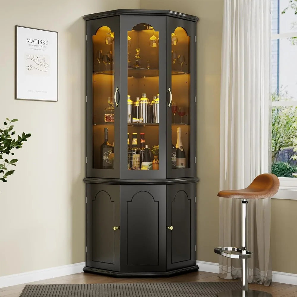 Modern Tall Wine Cabinet with LED Lights Adjustable Shelves Storage