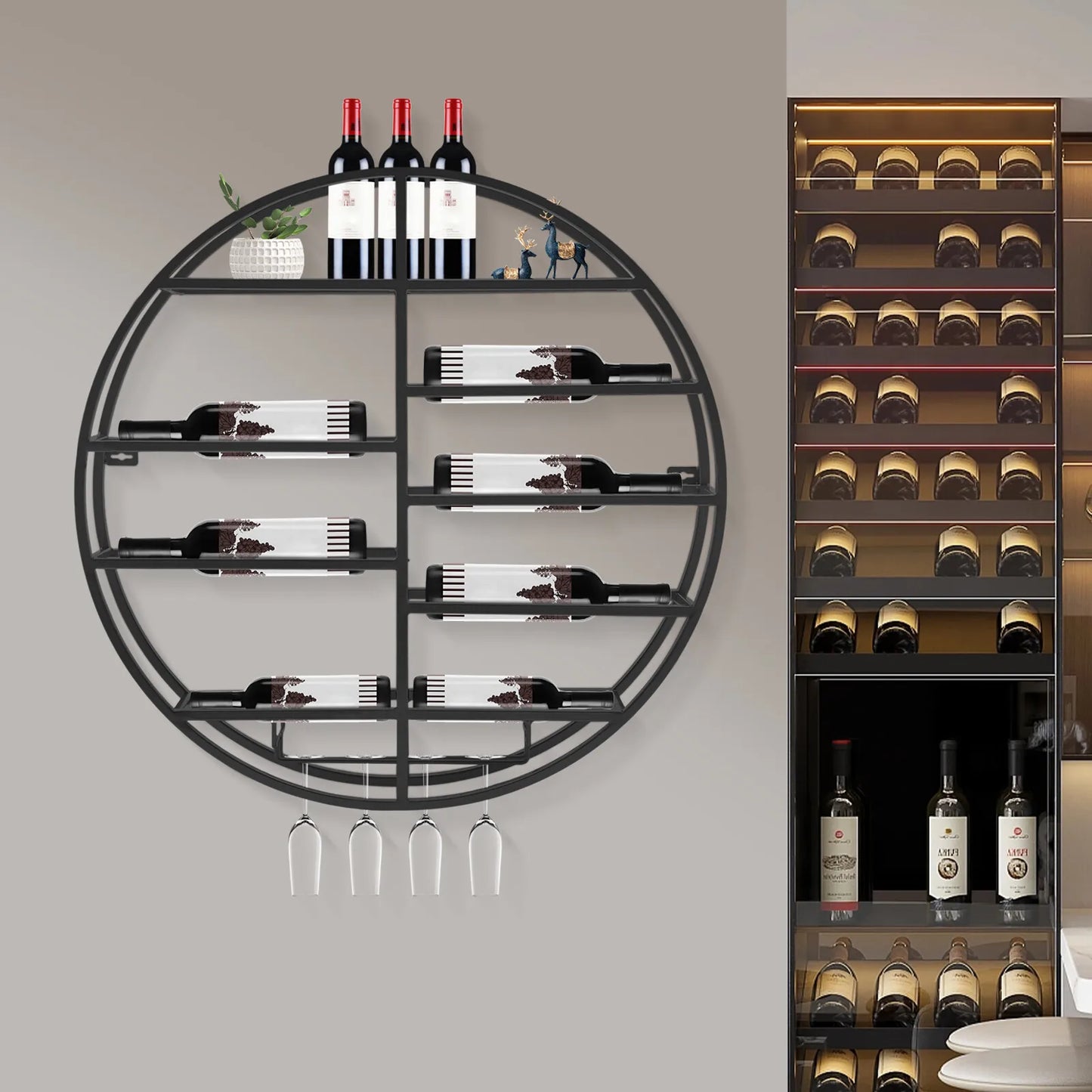 Wall-Mounted Round Wine Rack Large Capacity Home Pub Storage Display