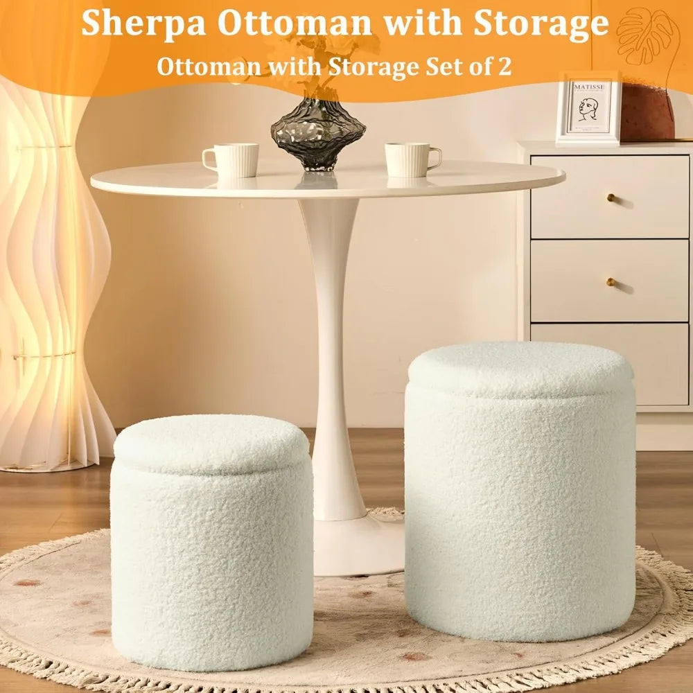 Round Set of 2 Ottoman Storage Multifunctional Chair for Living Room Bedroom