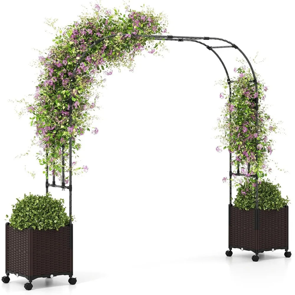 80 Inch Garden Arch Trellis Pergola with Planter Boxes Self-Watering