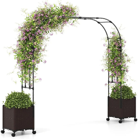 80 Inch Garden Arch Trellis Pergola with Planter Boxes Self-Watering