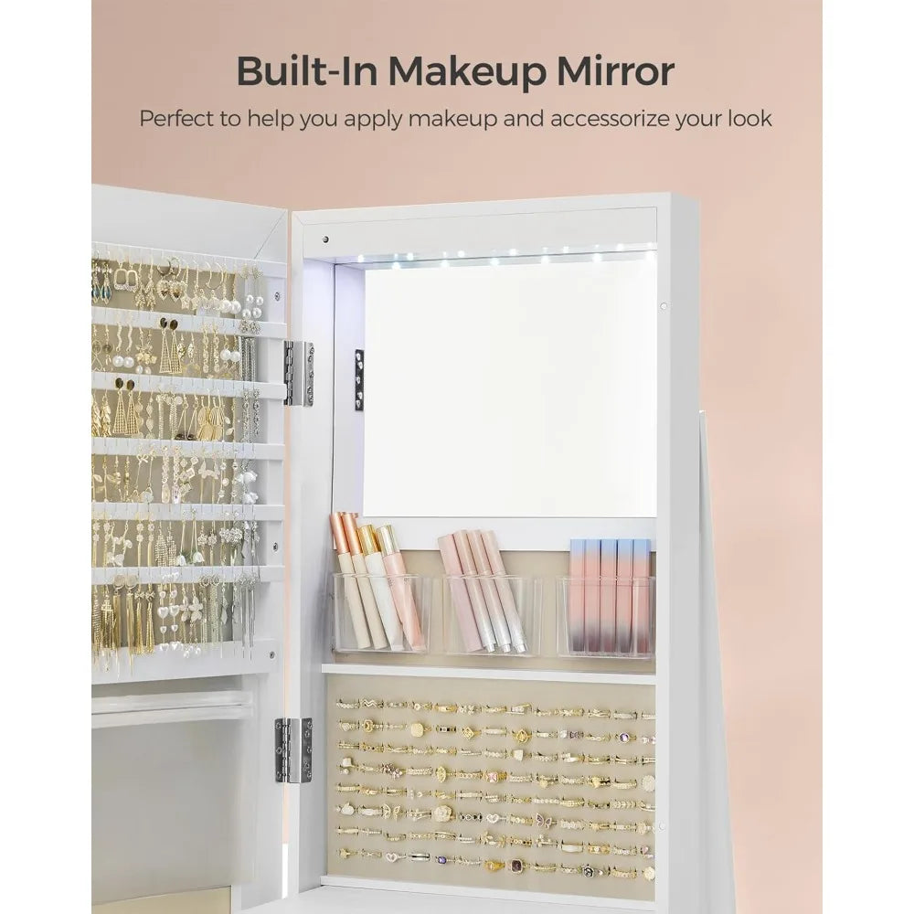 6 LED Lockable Mirror Jewelry Cabinet 360° Swivel Armoire Organizer