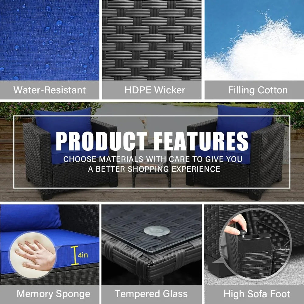 3 Piece Wicker Patio Set Outdoor Chairs Glass Table Garden Furniture