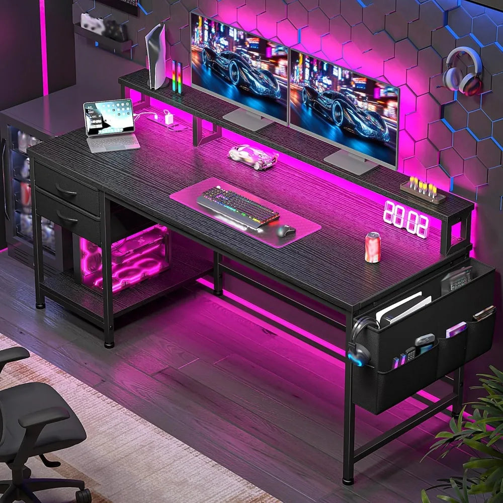 Ljustra Computer Desk with Drawers Storage Bag Power Outlets Monitor Stand