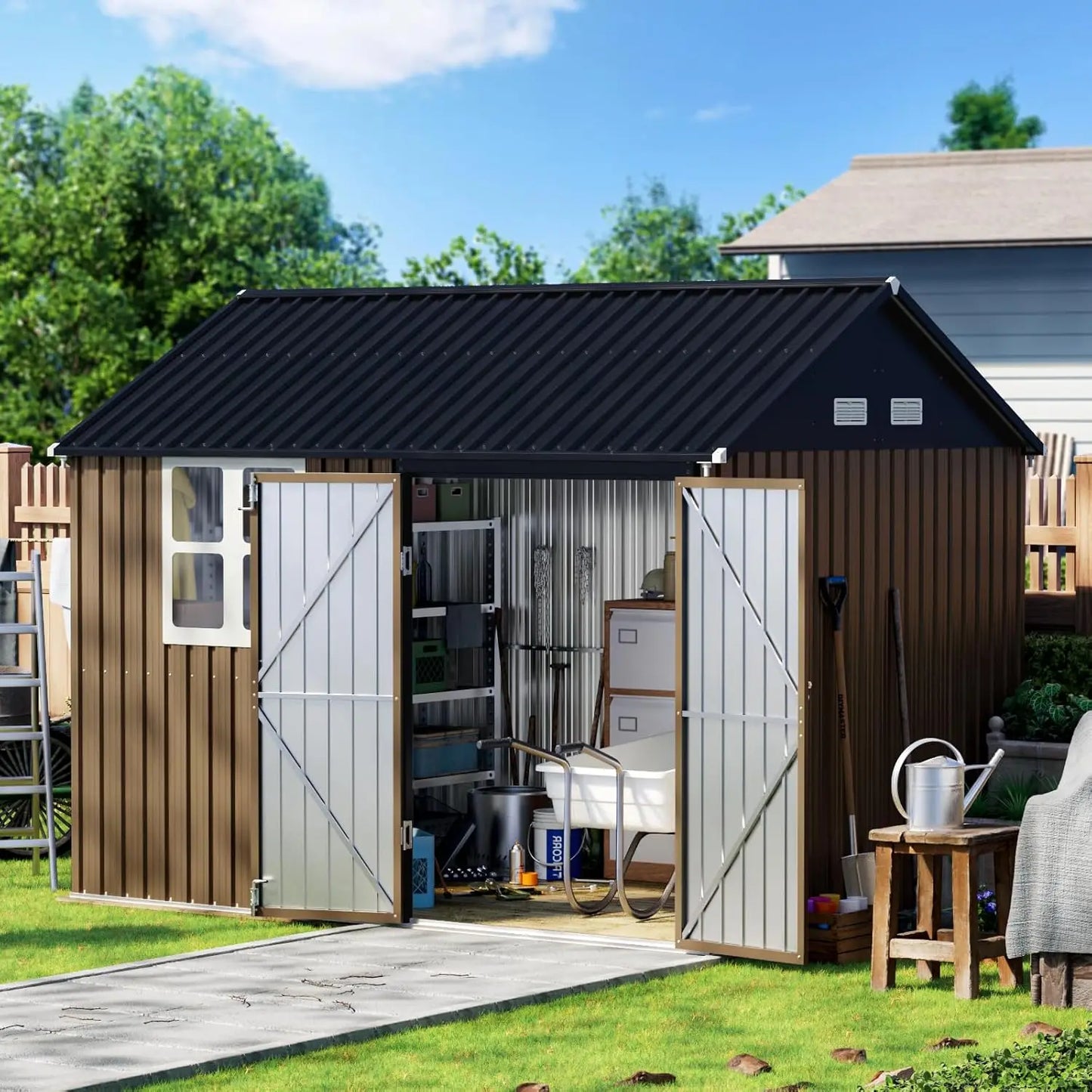 Outdoor Steel Storage Shed with Lockable Doors and Window for Garden