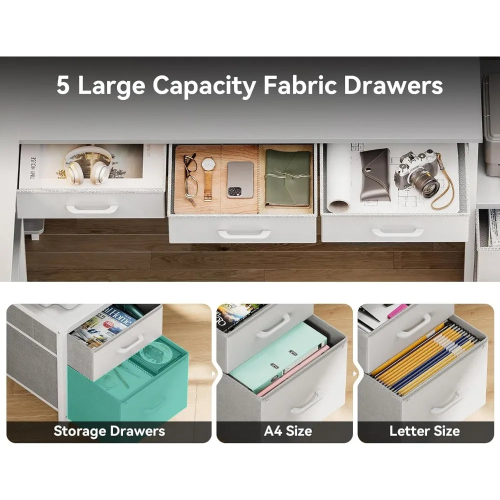 L Shaped Desk with File Drawers Gaming Desk with Power Outlets LED Lights